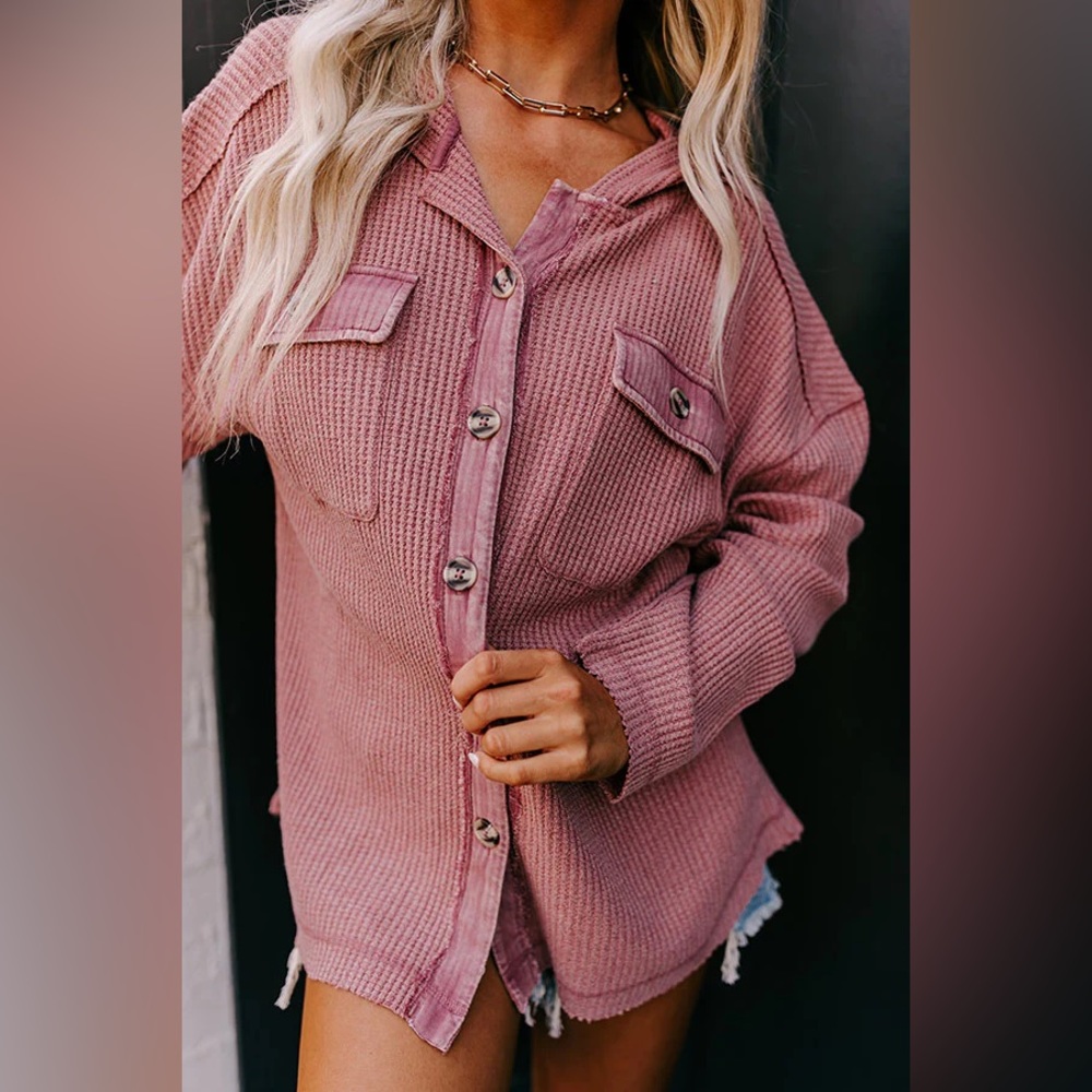 NWT Very J Mauve Thermal Waffle Knit Button Down Shacket Jacket Hoodie Hoody - Picture 10 of 11